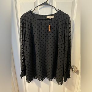 NWT 18 Black Polkadot Loft Blouse with Sheer Sleeves
